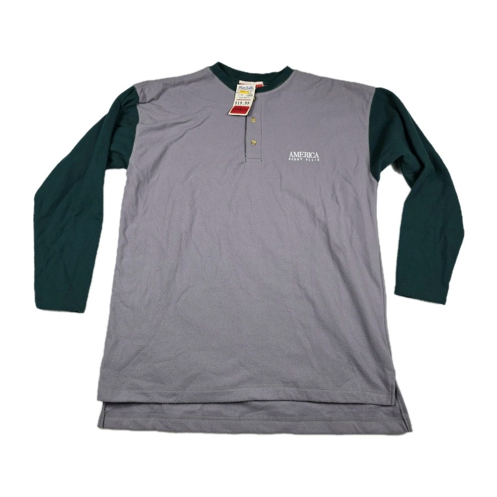 Vintage Perry Ellis America Mens Large Fleece Henley Colorblock Gray Green